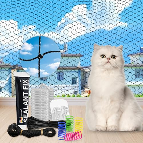 CENOVE Katzennetz für Balkon ohne Bohren inkl, Katzennetz Drahtverstärkt 8x3m, Biss-und reißfestes Balkonnetz für Katzen, UV-beständig katzenschutznetz mit Klebehaken und Silikonkleber