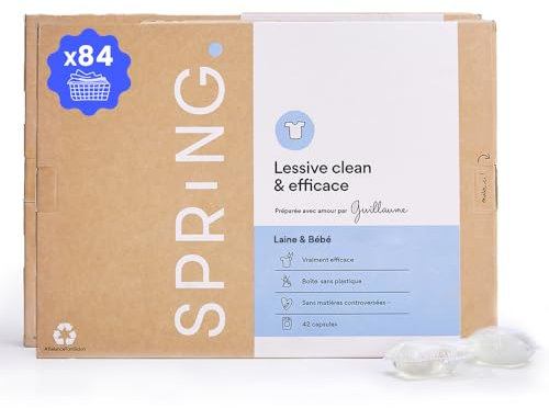 SPRiNG - Lessive Laine & Bébé - Sans Parfum - x84 Capsules - Fraîcheur Longue Durée - Nettoyage Efficace - Parfum Agréable - Formule Clean - Éco-responsible