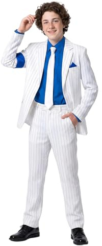 Koongso Pop King Michael Stage Outfits, Rockstar MJ Tour Blazer Anzug – Weiß gestreifte Jacke, Hose und Krawatte 80er 90er Jahre Kleid-Set für Halloween, Tanzparty, Freizeit