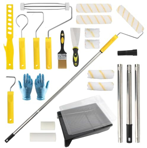 20 Pièces Rouleau de Peinture, avec Manche Télescopique, Cadre de Rouleau de Peinture, Bacs à Peinture avec Doublure, Rouleaux, Pinceaux, Mélangeur, Spatule, pour Peinture Rénover Mur et Plafond