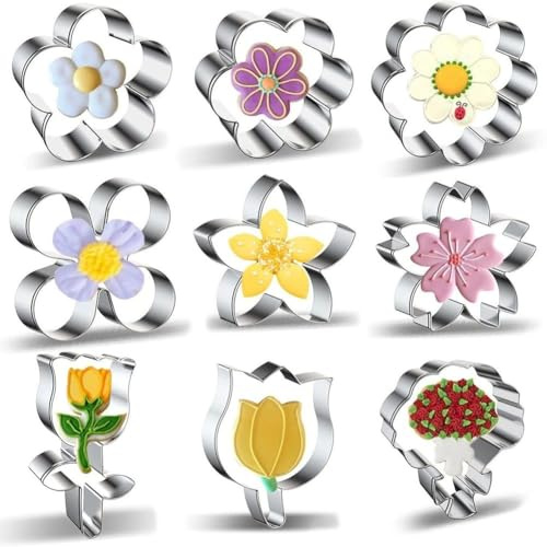 ZYNCUE für Edelstahl Blume Ausstecher Set Backen, inklusive für Tulpe Nelke Lilie Rose Formen, 9 Stück Küche Backen