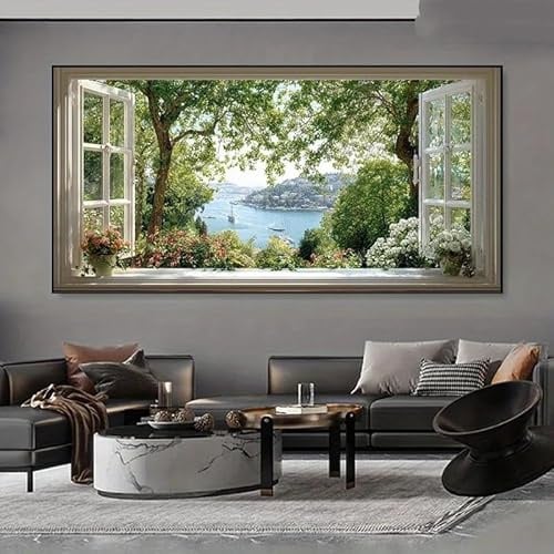 LZMASM Dipinto su tela moderno astratto con finestra su una scena di giardino - Vista dalla finestra aperta con vegetazione, accenti floreali - Soggiorno (90x180 cm/senza cornice)