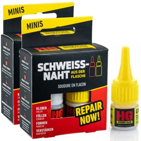 HG POWER GLUE MINIs super glue extra forte - colle pour plastique caoutchouc pierre céramique verre bois - résistant à l'eau, à la chaleur et à séchage rapide 2x5g colle + 3x10g granulés