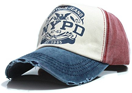 EROSPA® Basecap NYPD Baseball Cap mit ausgefranzter Optik - Männer Herren - Denim Vintage Style -used wash look - dunkelrot/jeansblau/beige - (Einheitsgröße)