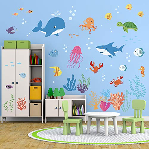 DecalMile Unter dem Meer Wandtattoo Bunt Meerestiere Delphin Fisch Wandsticker Entfernbarer Wandaufkleber Babyzimmer Wohnzimmer Schlafzimmer Kinderzimmer Wanddekoration