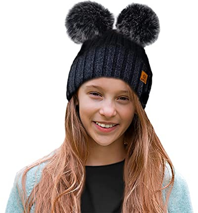 4sold Kinder Mütze Kleinkind Beanie Bobble Hat Baumwollfutter Kunstpelz Ball Pom Pom Cap Unisex Mädchen & Jungen Kinder Winter Strickmütze Bommelmütze Wurm