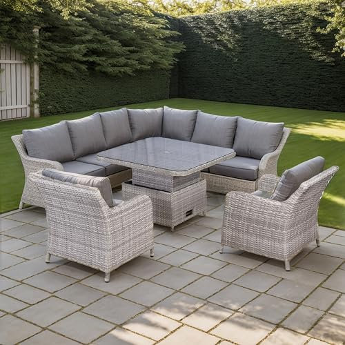 Rattan park Sicily Range 8 Seater Rattan Garden Furniture Aluminium Round Corner sofa Set with Rising Table in Grey Weave (8 Seater Corner Sofa)