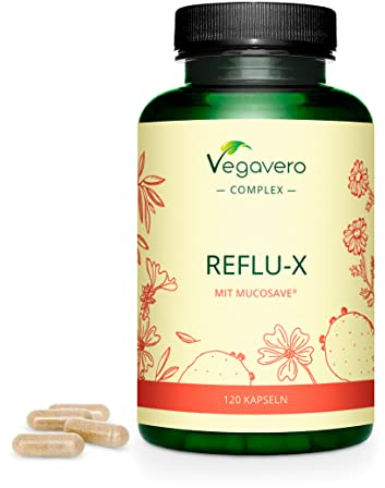 Reflux Komplex Vegavero® | 100% Natürlich | Bei Sodbrennen & säurebedingten Magenbeschwerden | Mit Mucosave ®, Olivenblattextrakt, Natriumalginat & Kamille | Laborgeprüft | Vegan | 120 Kapseln