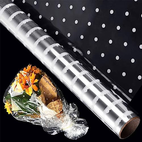 Weißen Punkten Transparent Zellophanrolle, 30 m x 40 cm, für Floristen, Geschenkkörbe, Blumenstrauß, Obst, Kunst, Handwerk, Geschenk für Zuhause, Party, 30 Mikron, Transparente Zellophan-Folie