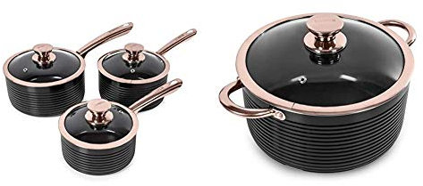 Tower T800001RB Saucepan Set, Aluminium, Black and Rose Gold & T800002RB Casserole Dish with Lid, Linear Collection, Aluminium, Black and Rose Gold, 5 Litre