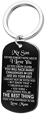 AMDXD Keychain Cute, Porte Clé Acier Inoxydable Dog Tag avec Gravure My Son I Love You...Love, Mum, Noir, 28 X 50MM