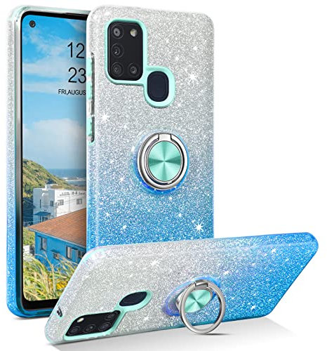 YINLAI Schutzhülle für Samsung Galaxy A21S, glitzernd, mit Ringhalter, Ständer, Schutzhülle für Damen, blauer Farbverlauf