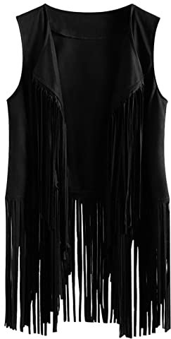 FEOYA Women's Gilet Fringe Vest Tassel Waistcoat Open Front Cardigans Faux Suede Sleeveless Jacket Coat Retro Vintage Hippie Gilet Plus Size Casual Loose Lapel Vest Top Spring Autumn Winter Black 3XL