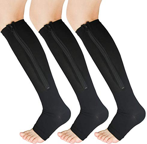YUSHOW 3 Paar Kompressionsstrümpfe Damen und Herren Stützstrümpfe mit Reißverschluss Compression Socks Offenen Zehen Kompressionssocken für Ödeme, Laufen, Durchblutungsförderung