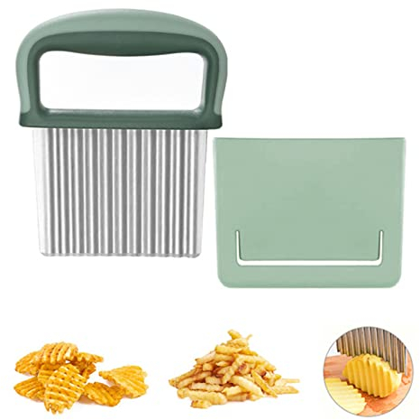 Neoreser Pommes Wellenmesser, Wellenschneider Gemüse, Edelstahl Kartoffelschneider, Pommes Frites Schneider Pommesschneider Riffelmesser Mit Schützendem für Obst Gemüse Salat Schneider Werkzeug (Grün)
