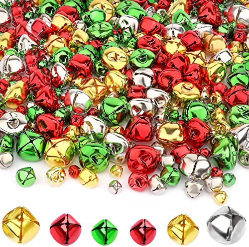 Augshy Weihnachten Glöckchen, 240 Stück 0,4/0,6/2,5 cm Bunte Glöckchen zum Basteln 4 Farben Jingle Bells Kleine Bastelglocke für Weihnachten Heim Haustier Dekorationen