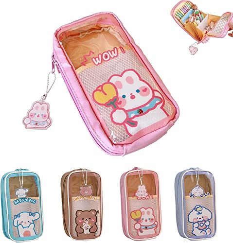 Kawaii Pencil Case,Simpatico astuccio estetico, astuccio trasparente Kawaii,Cose per La Scuola Kawaii, Astuccio Scomparti, Cute Pencil Case Kawaii Bear (Rosa)