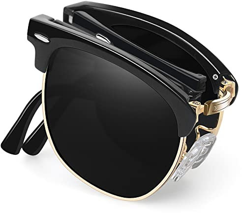 Joopin Semi-Rimless Folding Sunglasses for Men, UV400 Protection Classic Horn Rimmed Fold Up Sun Glasses for Women Half Frame Foldable Sunglasses Polarised for Driving