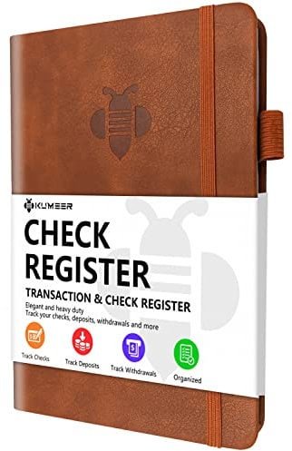 KUMEER Scheckregister – Elegante Scheckregister für persönliches Scheckbuch mit Scheck- und Transaktionsregistern, Hardcover-Scheckheft-Log, 13,2 x 19,3 cm, Braun