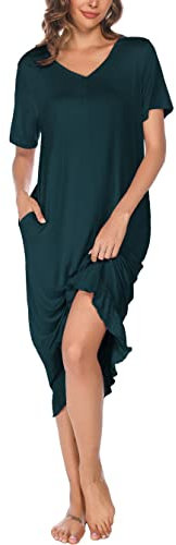 Vlazom Women's Long Nightgown V Neck Sleep Shirt Nightdress Jersey Nightshirt for Loungwear Sleepwear with Pockets, A-Dark Green, XXL