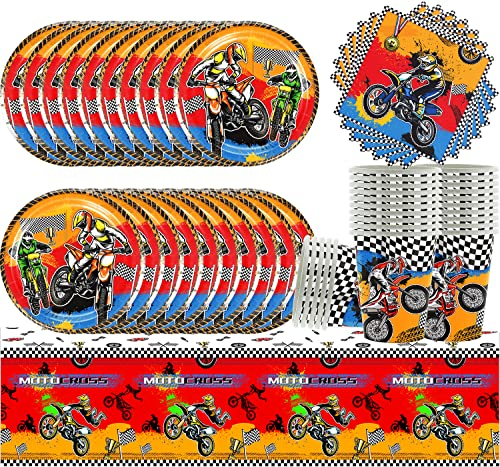 Motorcycle Partygeschirr Kindergeburtstag, 61Pcs Off-Road Vehicle Birthday Party Supplies, Junge Gebutstag Partyzubehör,Teller Tassen Servietten Tischdecke, Set Table Decoration 20 People