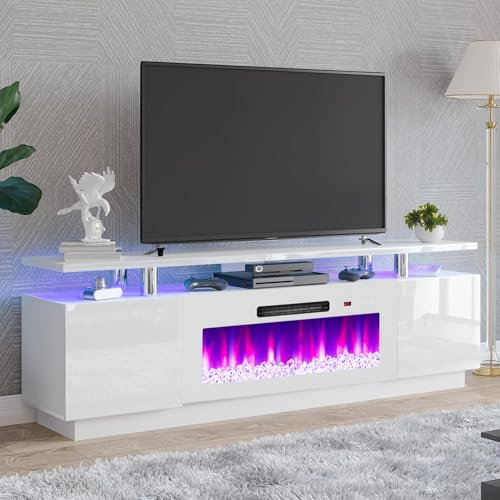 AMERLIFE Meuble TV avec cheminée de 36 pouces, moderne, haute luminosité, centre de divertissement, lumières LED, armoire de console TV à 2 niveaux pour téléviseurs jusqu'à 80 pouces, blanc