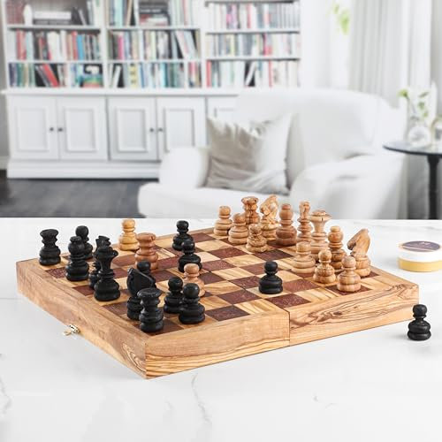 Scacchiera in legno d'ulivo pieghevole, gioco di scacchi fatti a mano, gioco da tavolo in legno d'ulivo, pieghevole, in legno di alta qualità, 100% biologico (marrone)