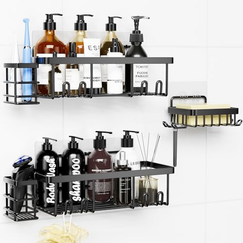 Gobikey Duschablage Ohne Bohren, Duschregal Ohne Bohren mit Seife 5 Stück Schwarz Rostbeständig, Duschablage Schwarz Badezimmer Organizer Shampoo Halterung für Fusche