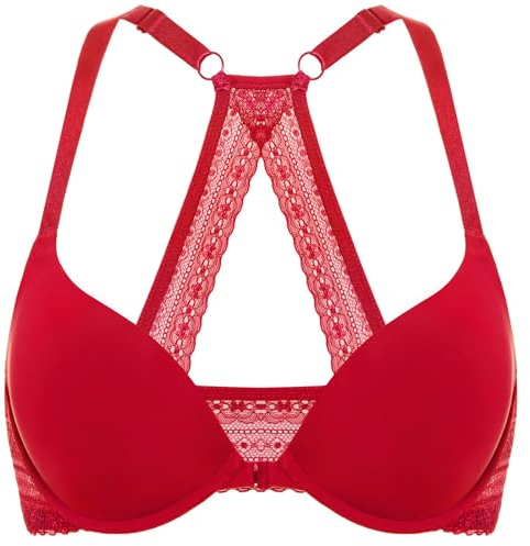 DOBREVA Damen Vorderverschluss Push Up BH mit Bügel Soft T Shirt Tiefen Ausschnitt BHS Neckholder Gepolsterter Lippenstift Rot 75AA