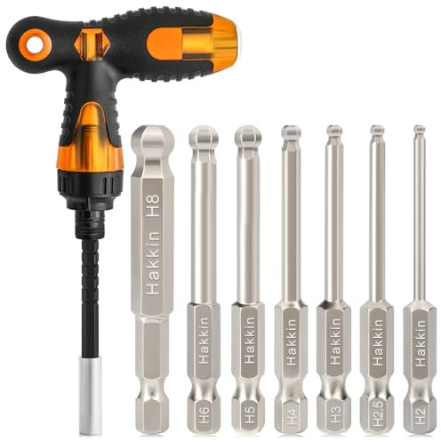 Ball End Allen Key Bit Set with Ratchet Screwdriver Hakkin 9Pcs Ball End S2 Steel Magnetic Allen Key Set 65mm 1/4 Hex Shank Allen Wrench Screwdriver Bits for Furniture Assembly H2-H8