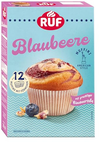 RUF Blaubeer-Muffins Backmischung, fruchtige American Style Muffins mit Blaubeerfüllung, einfache Zubereitung, 12 Muffin-Förmchen inklusive