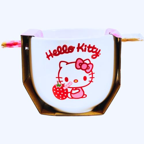 Silver Buffalo Hello kitty bowl with chopsticks 16 oz, White