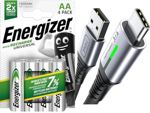 Energizer Rechargeable AA Batteries, Universal Double AA, Pack of 4 & INIU USB C Charger Cable 2m 3.1A Type C Cable Fast Charging, Braided USB A to USB-C Phone Charger