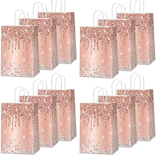 Naozinebi 12 sacchetti regalo rosa oro rosa glitter diamante Goodie Bag Happy Birthday Treat Bag Rose Gold Candy Bags Fornitura per matrimonio nuziale baby shower festa festa bomboniere decorazione