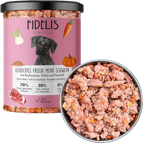 Fidelis – Gekochtes Frische-Menü mit Schwein, Buchweizen, Kürbis & Fenchel (6 x 400g Glas) – Hundefutter nass mit 70% Fleischanteil & frischen Zutaten – Nassfutter ohne Zusätze & ungekühlt haltbar