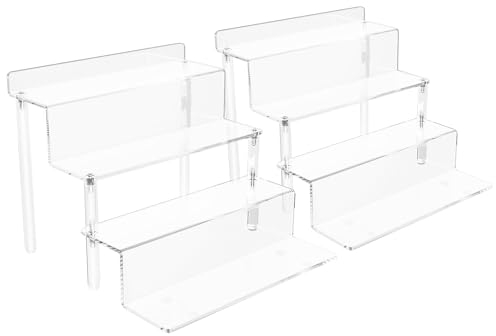 Viymgit Acrylic Riser Display Shelf, 2 Pack Clear 4 Tier Perfume Organizer, Tiered Display Stand for Collectibles Amiibo Funko POP Figures Toys Cupcake Dessert Decorations