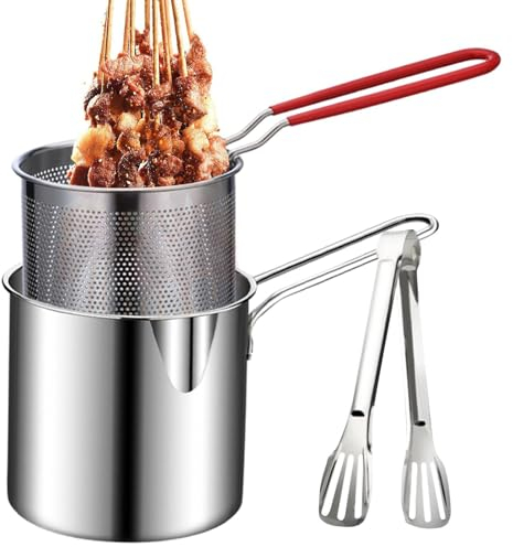 Deep Fat Fryer Set, Stainless Steel Deep Fryer Pot with Strainer Basket and Ktichen Tong, Oil Saving Deep Frying Pot with Long Handle for Frying Chips Fish Shrimp Chicken
