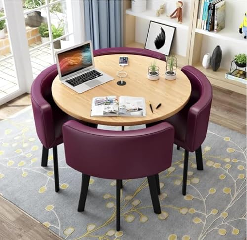 GJVBGA Rundes Esstisch-Set mit 4 Stühlen, kleinen Büro-Tischen und Stühlen, modernes Freizeit-Esszimmer-Möbel für Küche, Lounge, Wohnzimmer (Farbe: PU-Lila)