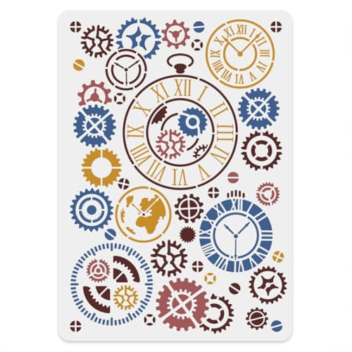 FINGERINSPIRE Vintage Uhr Schablone Zum Malen 21x29.7cm Wiederverwendbare Zahnrad Uhr Malschablone Steampunk Zahnrad Vorlage Kunst Zahnrad Chronograph Kunststoff Schablone Zum Malen Auf Holz Wand