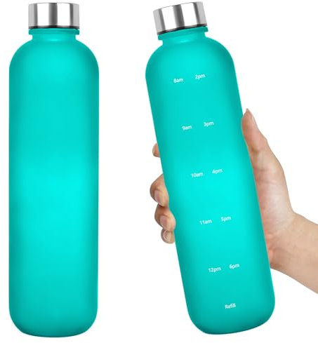 Trinkflasche 900 ml, mattiert, Tritan, BPA-frei, Wasserflasche mit Zeitmarkierung, kleine Öffnung, auslaufsicher, Wasserflasche mit Gurt, für Fitnessstudio, Fitness, Wandern, Radfahren, Camping, Grün