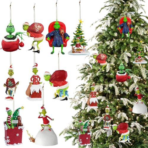 FYJCXCMP 9 Stück Weihnachtsschmuck, Acryl Hängende Christbaumschmuck Winter Weihnachtsfeier Zubehör, 2024 Niedliche Cartoon G-Rinchs Puppe Dekoration Christbaumschmuck