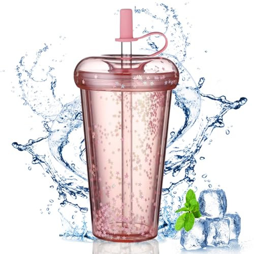 OUOUMUF Becher mit Deckel und Strohhalm - 420ml Trinkbecher,Kaffeetassen Becher Trinkflasche mit Deckel und Strohhalm für Saft Kaffee wiederverwendbar für Perlentee,Cola,Camping,Partys(Rosa)