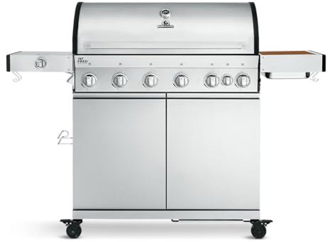 BURNHARD 6-Brenner Gasgrill Fat FRED Deluxe Series 3 inkl. Backburner, 900°C Infrarot-Keramikbrennern, Seitenkochfeld, Edelstahl-Grillrost, Grillabdeckung, Edelstahl Grillwagen, klappbare Seitentische