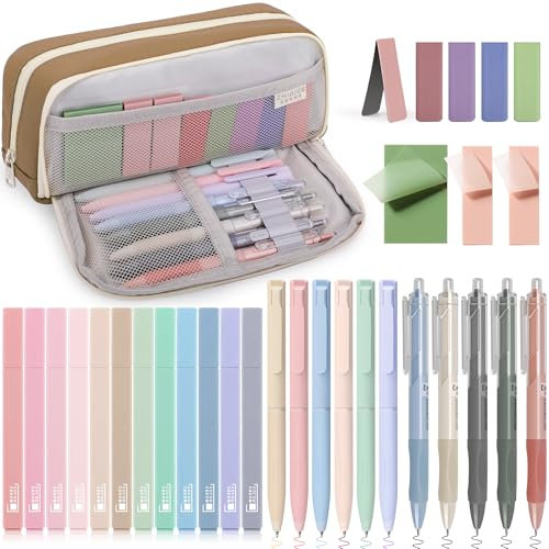 COZCLAM 32pcs Schulsachen Aesthetic mit Braun Mäppchen, 12 Textmarker Pastell, 6 Farbstifte, 5 Schwarze Stifte, 5 Magnetische Lesezeichen und 3 Haftnotizen, Aesthetic School Clean Girl Schule Zubehör