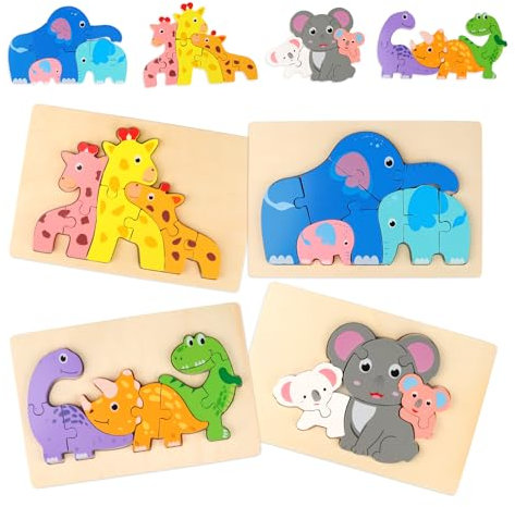 4er-Pack Holzpuzzle für Kleinkinder, 3D Holz Montessori Steckpuzzle, Lernendes Pädagogisches Spielzeug, Holzpuzzle-Spielzeug, Holz Puzzle für 1 2 3 jährige Jungen und Mädchen