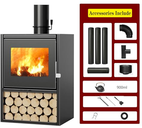 Coolpleasant Robuster Neuer Holzofen, Gusseisen Holzofen Mit Keramikglasfenster Und 900 ML Teekessel, Holzofen, Pelletofen Zum Heizen Von Räumen(Size:24x19.5x33.5in)