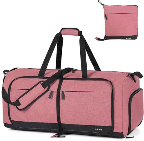 Lekesky Borsone da Viaggio Borsone Palestra Donna Uomo 80L, Borsa da Viaggio Weekend Pieghevole con Scomparto Scarpe e Tracolla, Leggero Impermeabile Borse Bagaglio a Mano per Ospedale, Fucsia