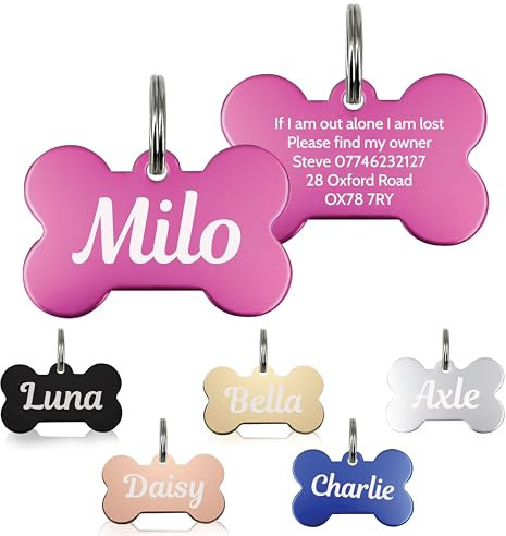 Personalised Dog Tags for Pets Engraved UK Cat Dog Name Identity Pet Tags Doggy Kitten Kitty Puppy Deep Engraved ID Stainless Steel (Bone Shape - Pink)