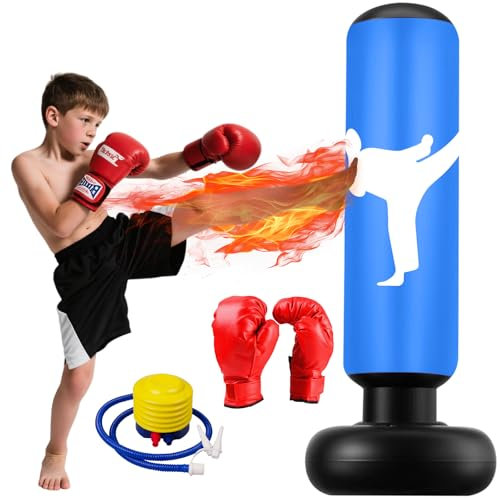 Sac de Frappe Enfant, 160cm Sac de Boxe avec Gants et Pompe, Gonflable Punching Ball Enfants pour Taekwondo Karaté, 3-12 Ans Cadeaux pour GarçOns et Filles Set de Boxe pour Bureau,Gym