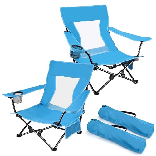 Joyfair Beach Camping Chair (2 Pack), Outdoor Folding Lawn Chair for Adults, Heavy Duty Portable Chair with Armrest for Outside Fishing, Sport, Patio, Cup Holder & Storage Pocket, Carry Bag (Blue)